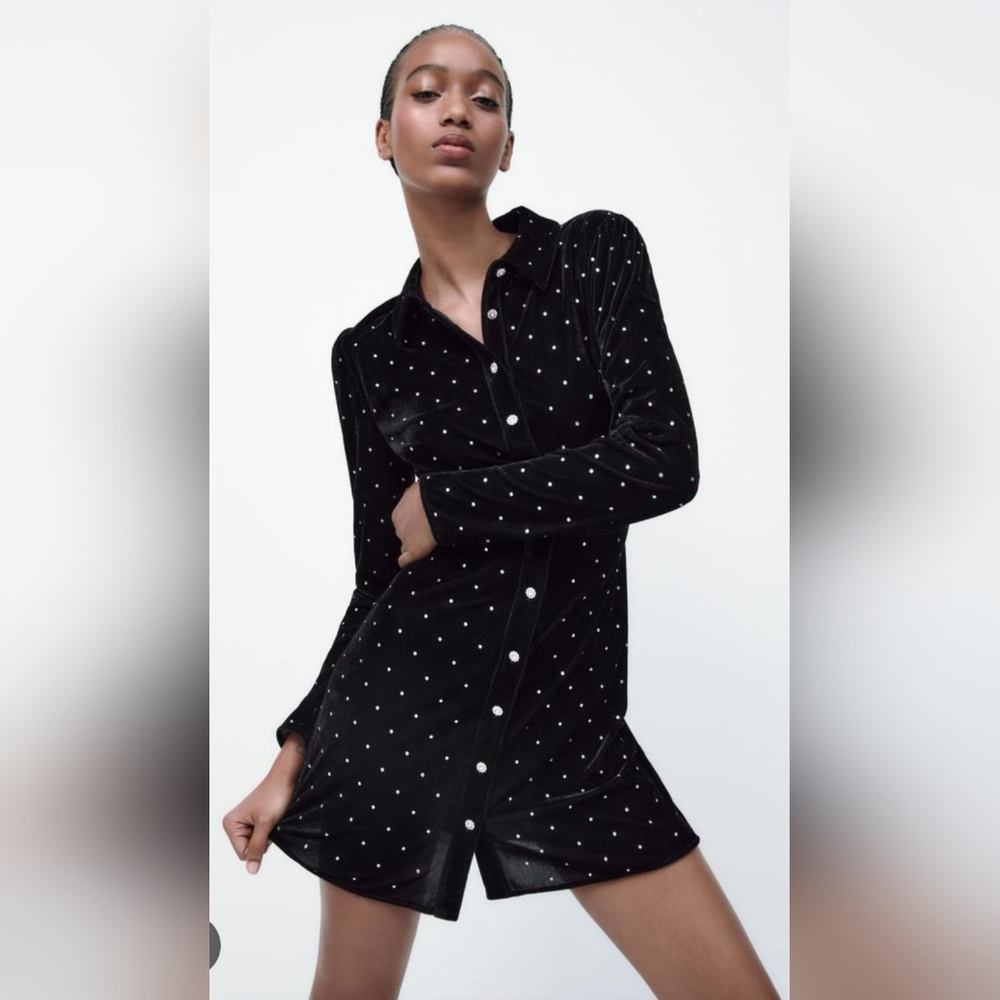 Black Velvet Polka Dot Shirt Dress